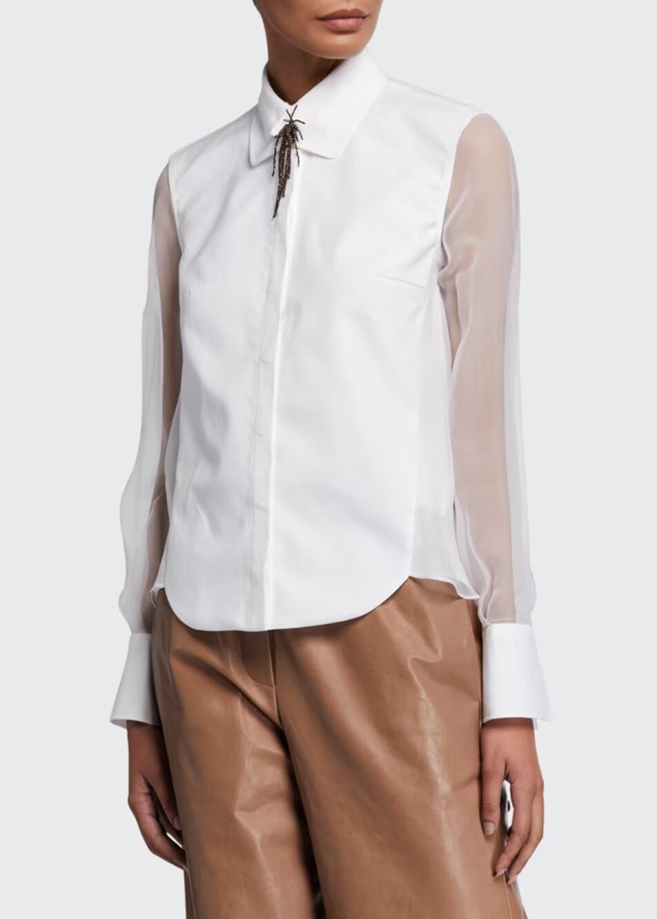 BRUNELLO CUCINELLI White Tuxedo Blouse XL Sheer Long Sleeves Monili Silk Shirt